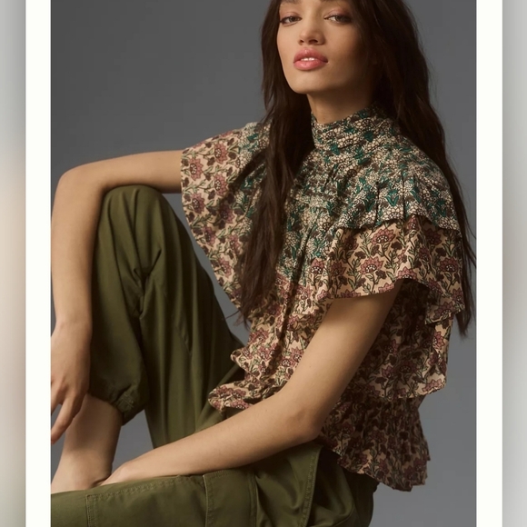 ANTHROPOLOGIE Let Me Be High-Neck Printed Peasant Blouse. Teal/mauve. XXS NWT - Picture 2 of 16